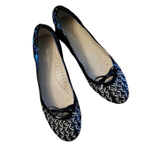 EUC Eric Javits Black Patent Ballet Flat with Tan Woven Mesh Toe